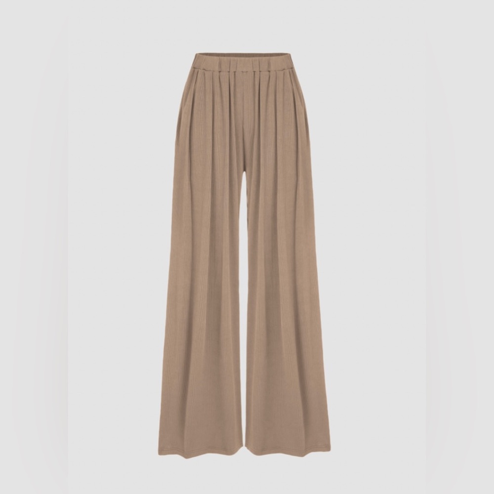 Cider Solid Elastic Waist Wide Leg Pants Brown Size Medium